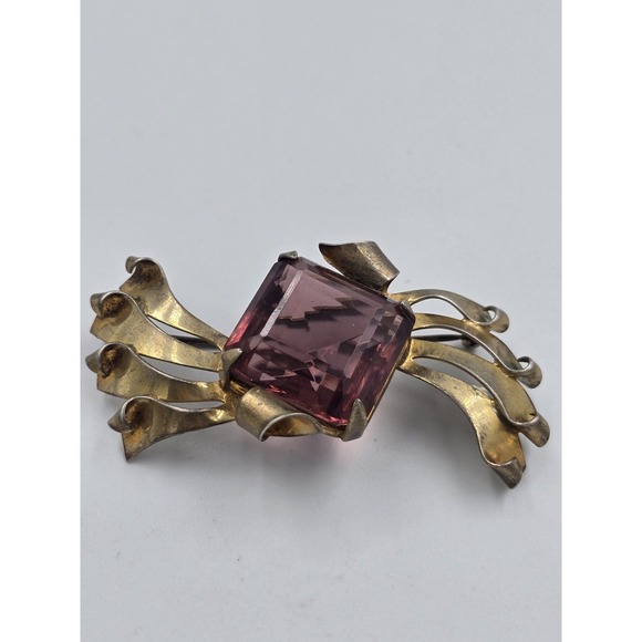 Does not apply Jewelry - Vintage Sterling Gold Tone Purple Faceted Glass Brooch Pin Art Deco